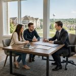 Real estate closing meeting with homebuyer, seller, and attorney reviewing closing documents in a modern office, house model on table, conveying a smooth and secure home buying process