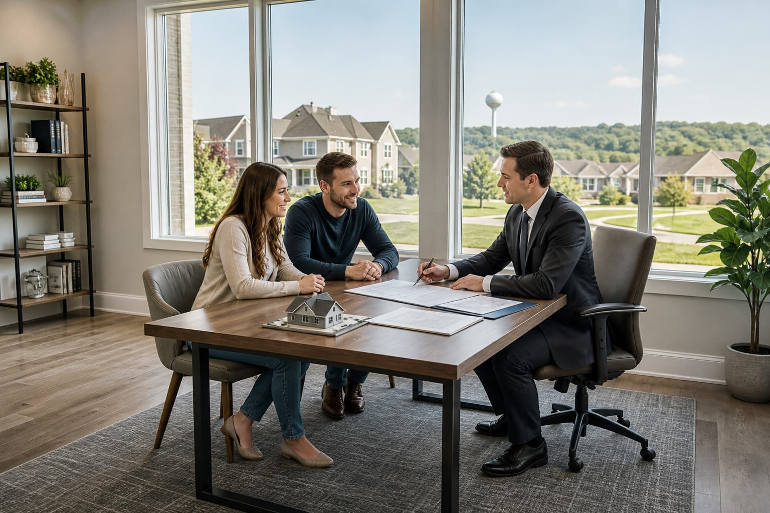 Real estate closing meeting with homebuyer, seller, and attorney reviewing closing documents in a modern office, house model on table, conveying a smooth and secure home buying process