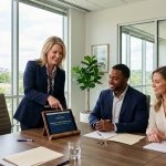 Nest Title & Escrow agent reviewing secure closing documents on a tablet with homebuyers in a Tennessee office, explaining wire fraud safety measures.