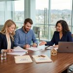 Homebuyer couple reviewing owner's vs. lender's title insurance documents with a title agent at a closing table, a model house nearby.